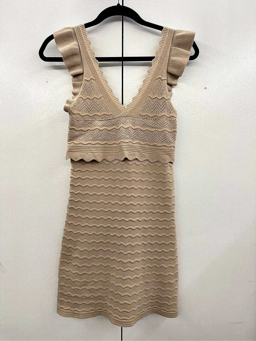 Beige Pointelle Knit Ruffle Strap Mini Dress S